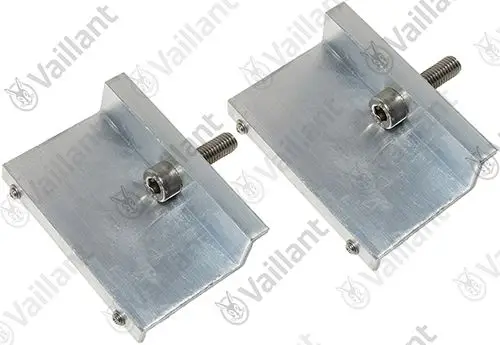 Zwei silberne Halter von Vaillant, gefertigt aus Aluminium, mit Schraube zur Befestigung. Eignet sich zur Montage verschiedener Komponenten.